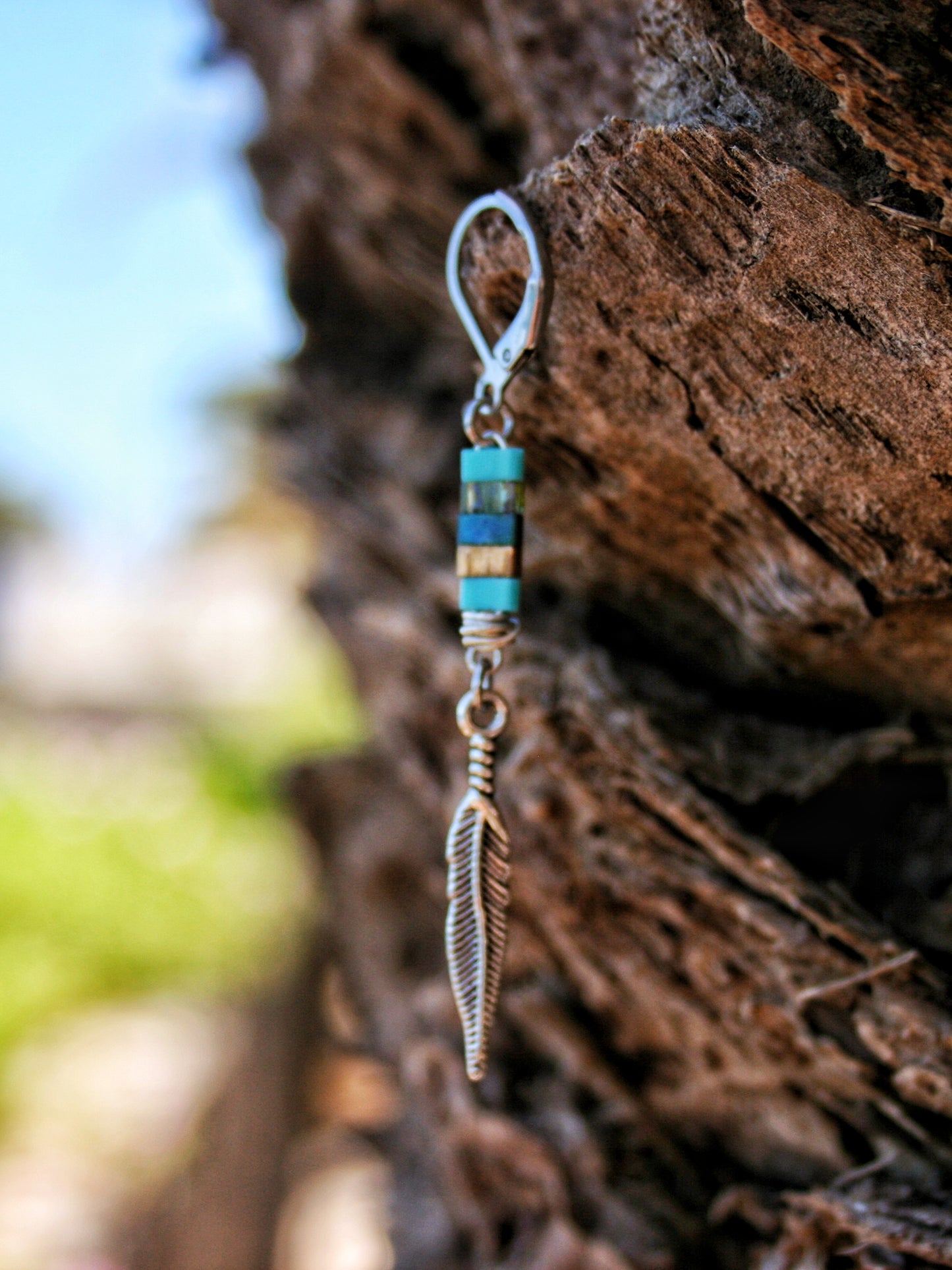 Feather Miyuki Bead Earring for Men – Handmade Unisex Dangle Earring with Silver Tip