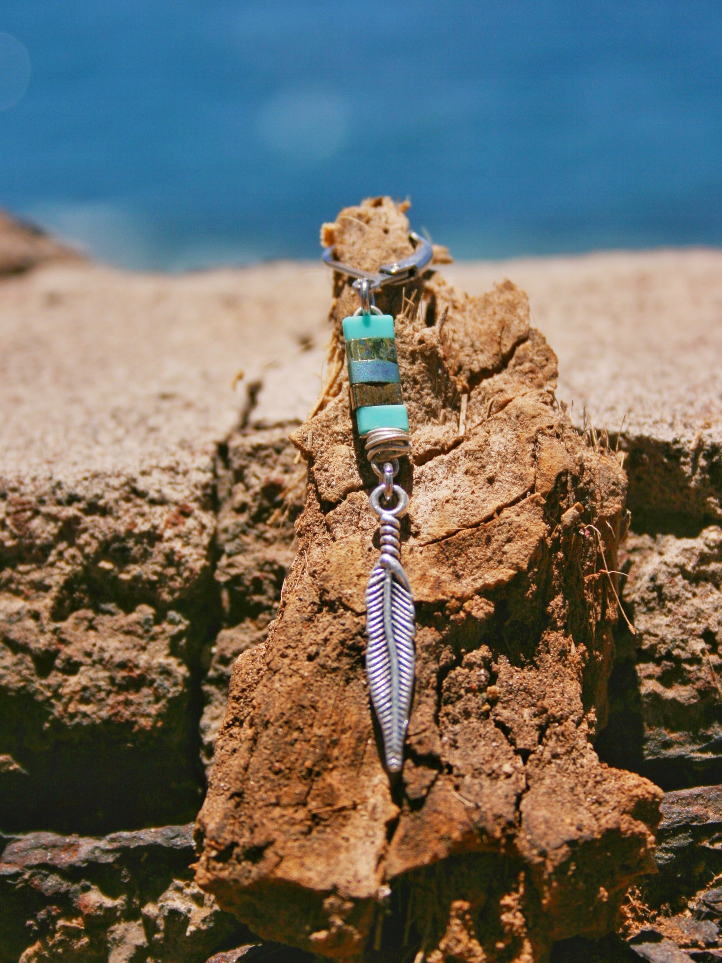 Feather Miyuki Bead Earring for Men – Handmade Unisex Dangle Earring with Silver Tip