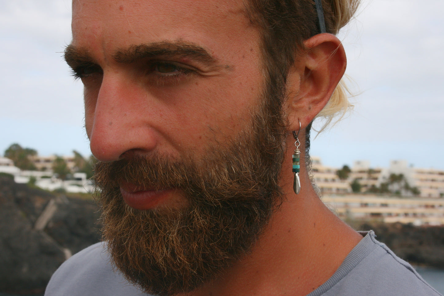 Feather Miyuki Bead Earring for Men – Handmade Unisex Dangle Earring with Silver Tip