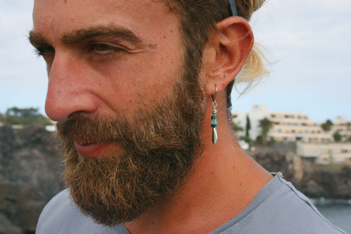 Feather Miyuki Bead Earring for Men – Handmade Unisex Dangle Earring with Silver Tip