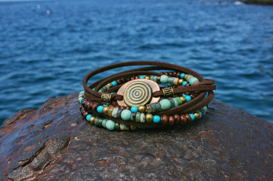 Chrysocolla & Lapis Lazuli Leather Wrap Bracelet for Men, Boho Layered Beaded Bracelet Necklace, Handmade Gemstone Jewelry