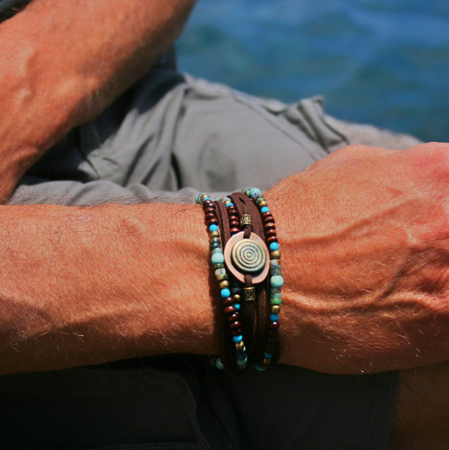 Chrysocolla & Lapis Lazuli Leather Wrap Bracelet for Men, Boho Layered Beaded Bracelet Necklace, Handmade Gemstone Jewelry