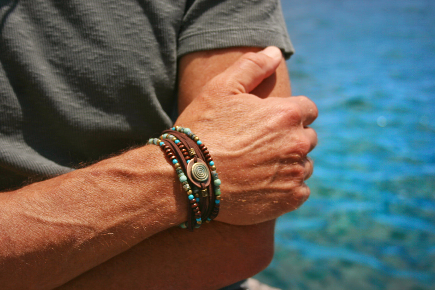 Chrysocolla & Lapis Lazuli Leather Wrap Bracelet for Men, Boho Layered Beaded Bracelet Necklace, Handmade Gemstone Jewelry