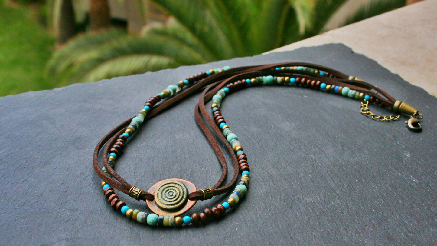 Chrysocolla & Lapis Lazuli Leather Wrap Bracelet for Men, Boho Layered Beaded Bracelet Necklace, Handmade Gemstone Jewelry