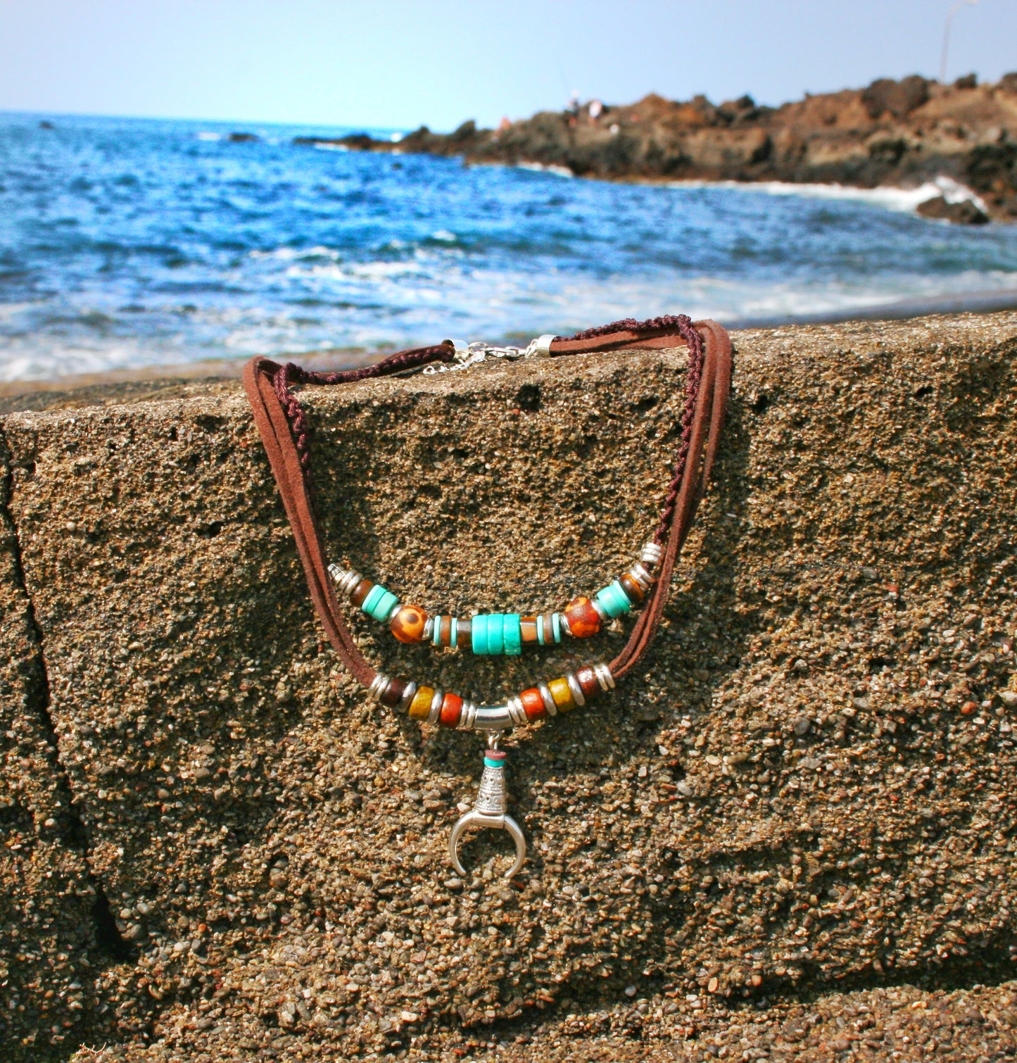 Mens Turquoise Layered Necklace Set, Macrame Choker, Beaded Gemstone Necklace, Moon Pendant, Handmade Boho Jewelry
