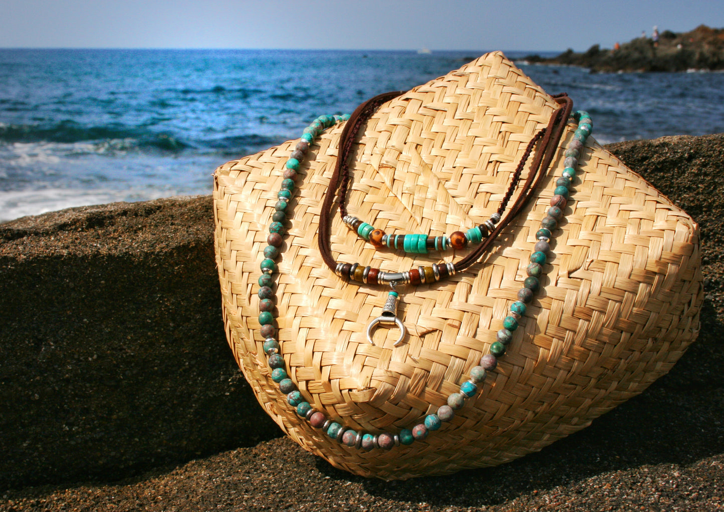 Mens Turquoise Layered Necklace Set, Macrame Choker, Beaded Gemstone Necklace, Moon Pendant, Handmade Boho Jewelry