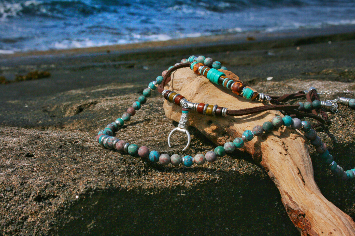 Mens Turquoise Layered Necklace Set, Macrame Choker, Beaded Gemstone Necklace, Moon Pendant, Handmade Boho Jewelry