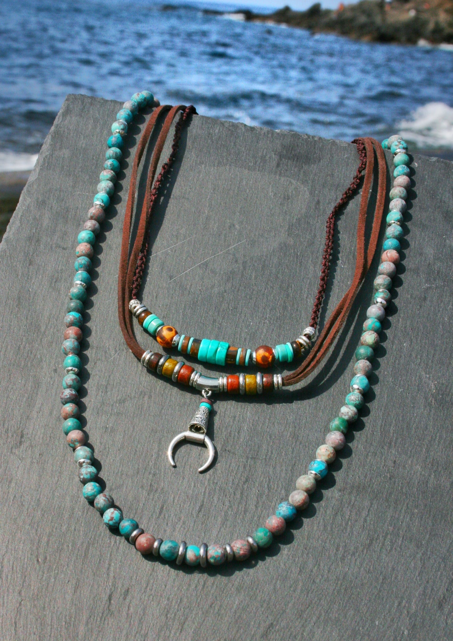Mens Turquoise Layered Necklace Set, Macrame Choker, Beaded Gemstone Necklace, Moon Pendant, Handmade Boho Jewelry