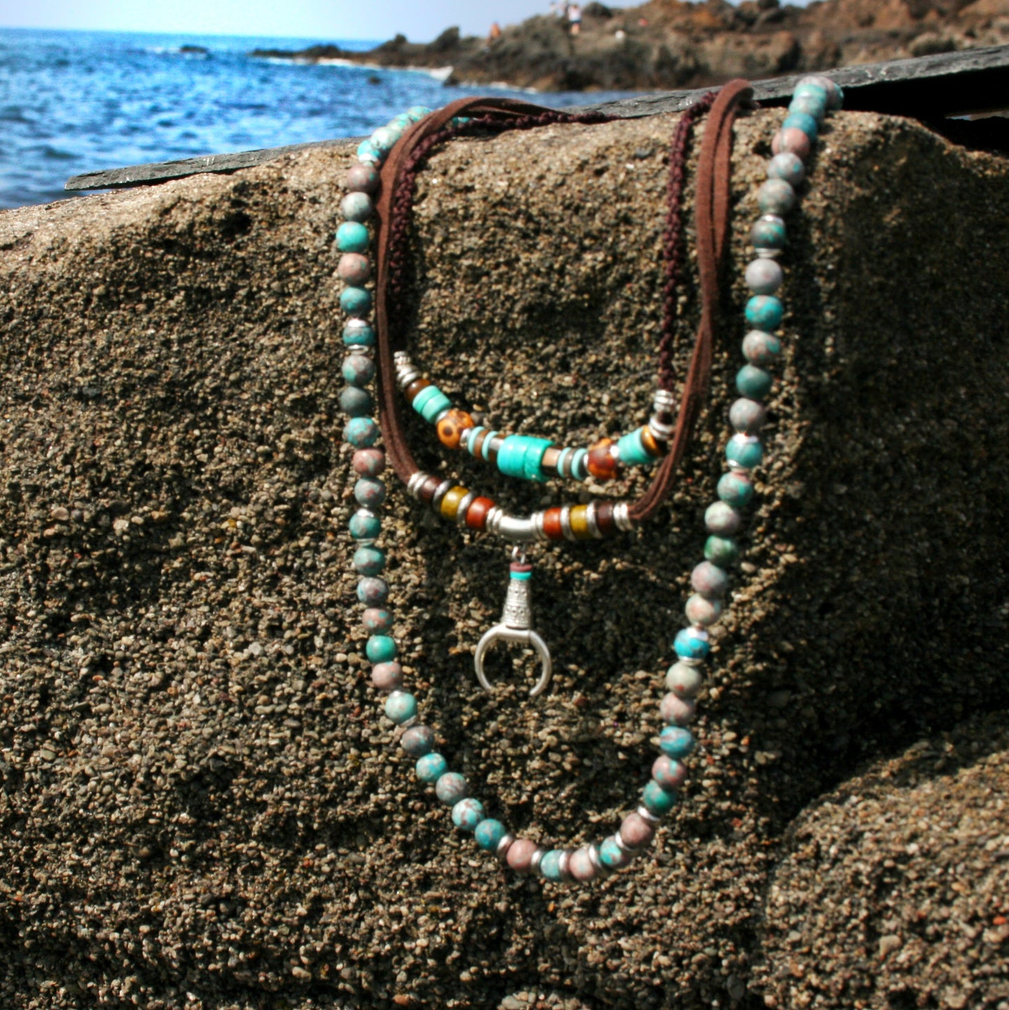 Mens Turquoise Layered Necklace Set, Macrame Choker, Beaded Gemstone Necklace, Moon Pendant, Handmade Boho Jewelry
