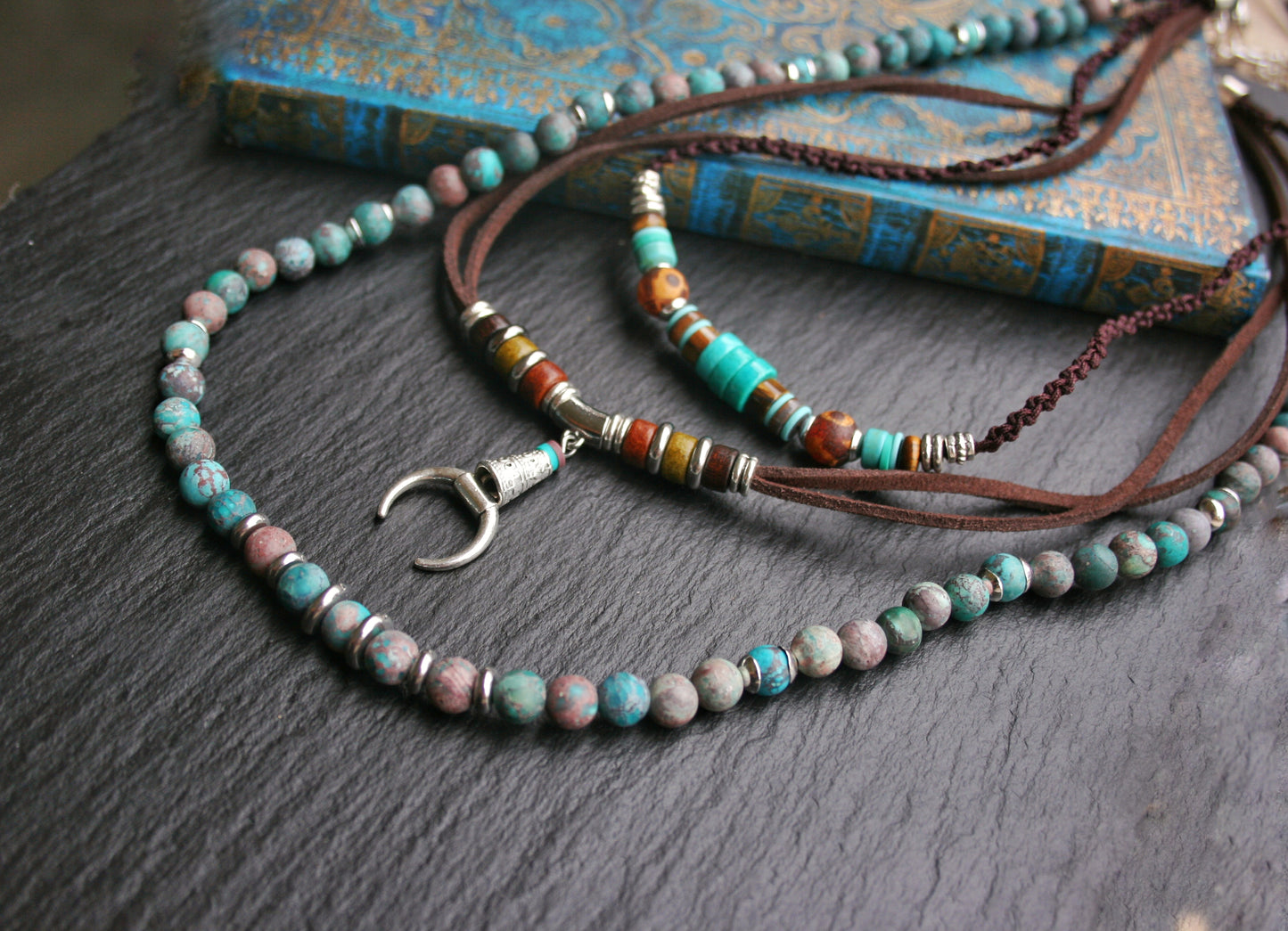 Mens Turquoise Layered Necklace Set, Macrame Choker, Beaded Gemstone Necklace, Moon Pendant, Handmade Boho Jewelry