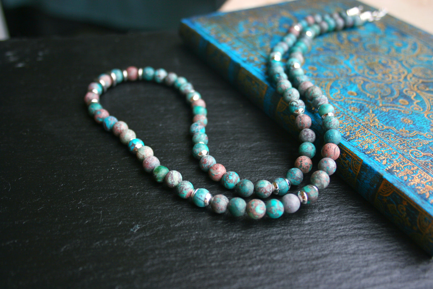Mens Turquoise Layered Necklace Set, Macrame Choker, Beaded Gemstone Necklace, Moon Pendant, Handmade Boho Jewelry