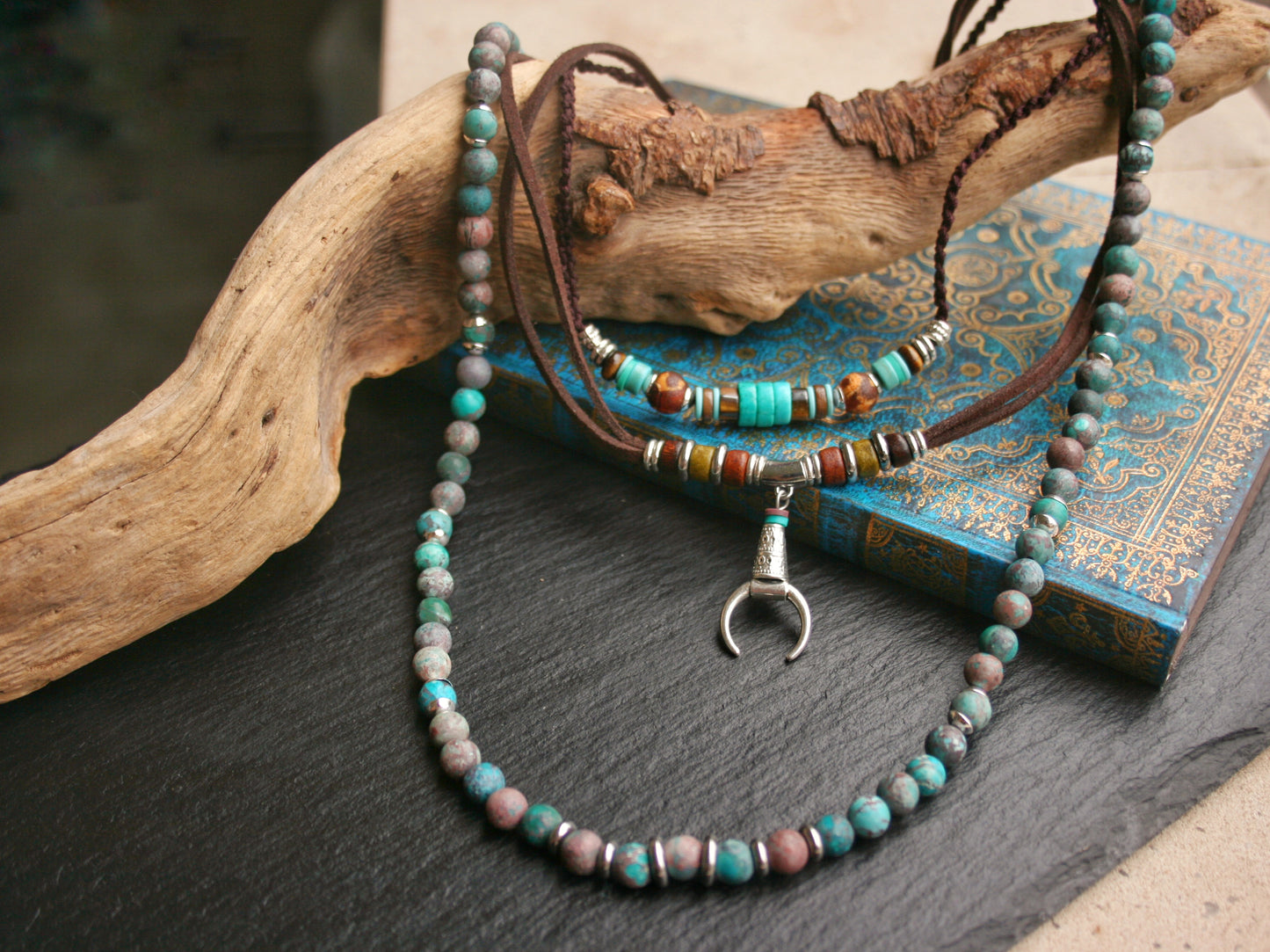 Mens Turquoise Layered Necklace Set, Macrame Choker, Beaded Gemstone Necklace, Moon Pendant, Handmade Boho Jewelry