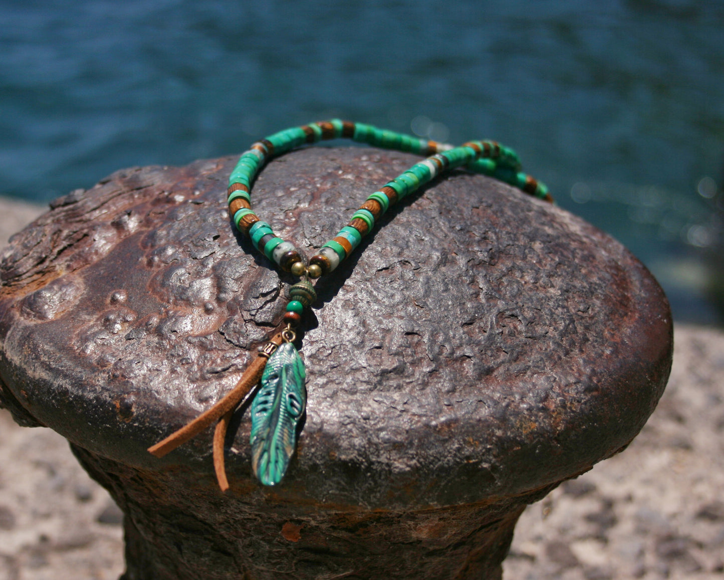 Men's Feather & Green Turquoise Necklace – Tribal Boho Pendant Jewelry