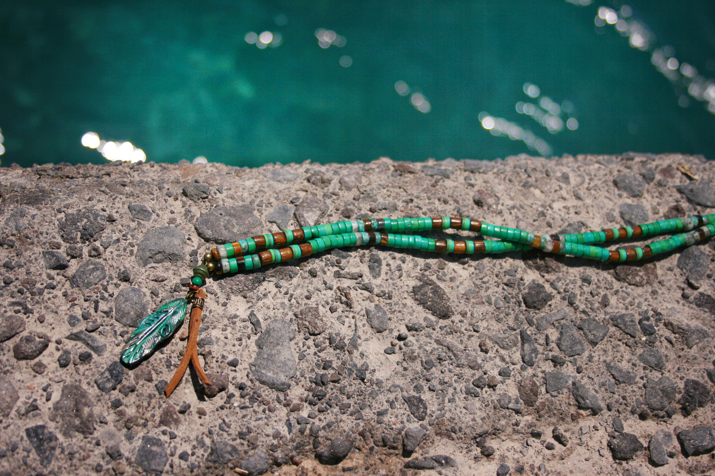 Men's Feather & Green Turquoise Necklace – Tribal Boho Pendant Jewelry