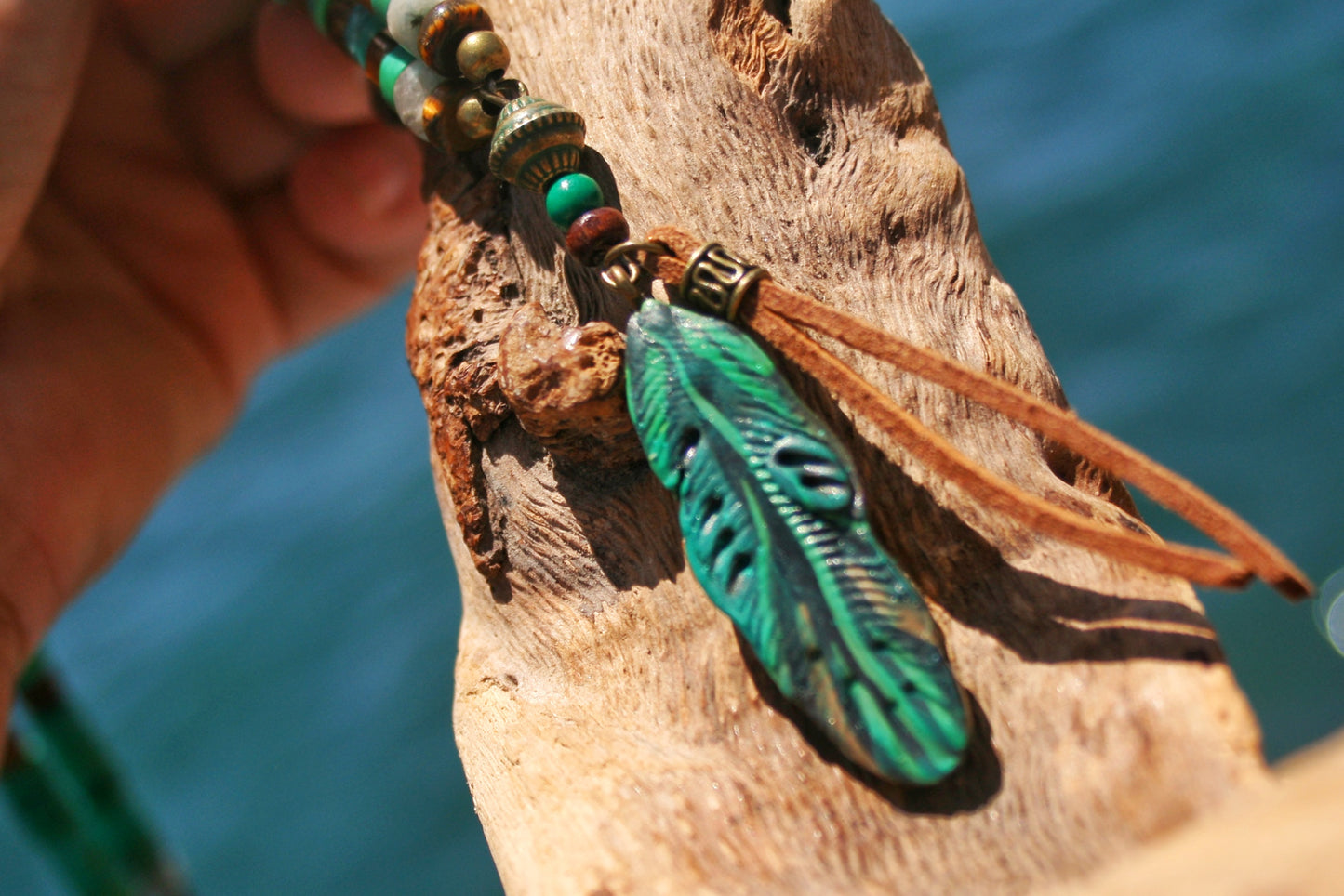 Men's Feather & Green Turquoise Necklace – Tribal Boho Pendant Jewelry