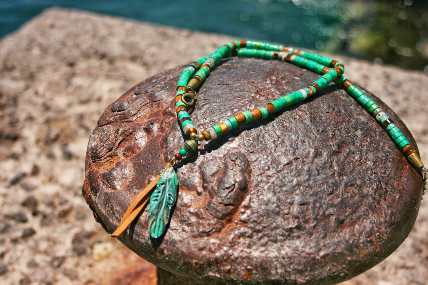 Men's Feather & Green Turquoise Necklace – Tribal Boho Pendant Jewelry