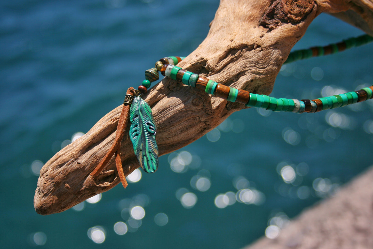 Men's Feather & Green Turquoise Necklace – Tribal Boho Pendant Jewelry