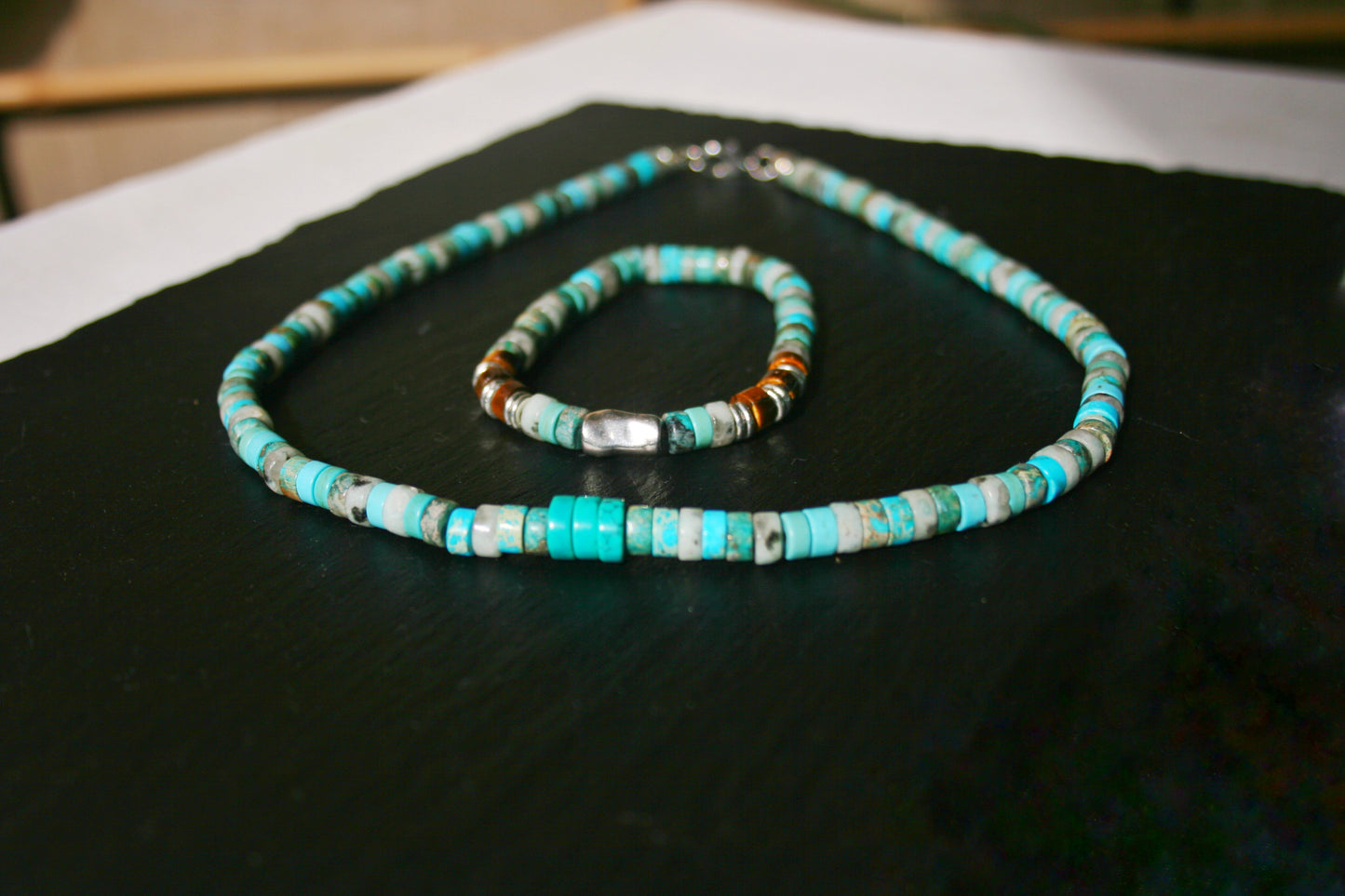 Turquoise Heishi Beaded Choker Necklace for Men – Handmade Natural Stone Boho Jewelry