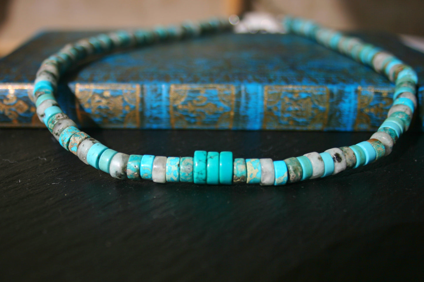 Turquoise Heishi Beaded Choker Necklace for Men – Handmade Natural Stone Boho Jewelry