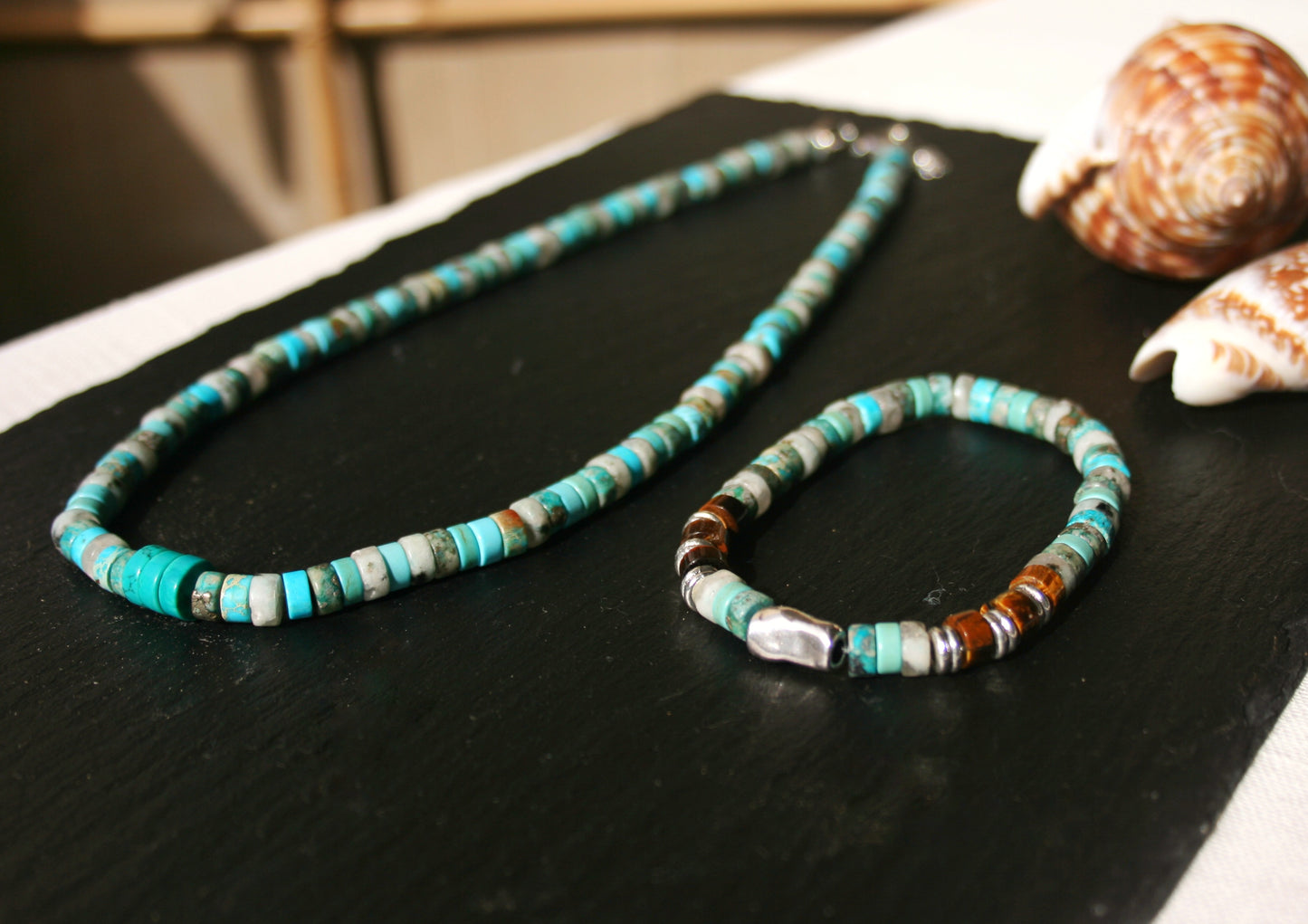 Turquoise Heishi Beaded Choker Necklace for Men – Handmade Natural Stone Boho Jewelry