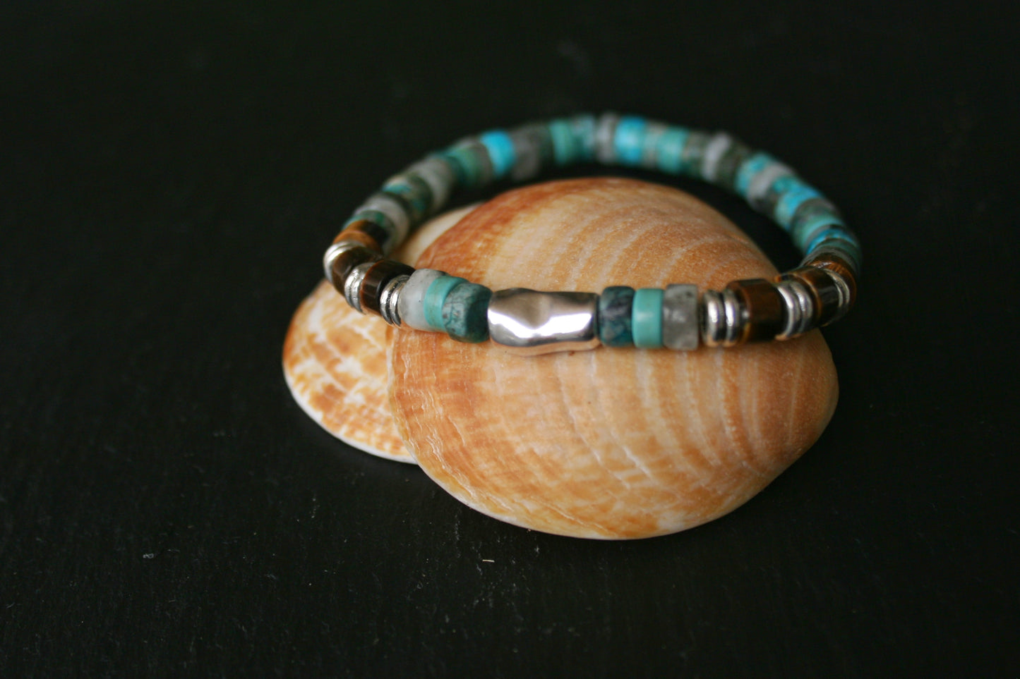 Mens Turquoise Beaded Bracelet with Tiger Eye Gemstones & Silver Tube Accent | Boho Stretch Bracelet for Men