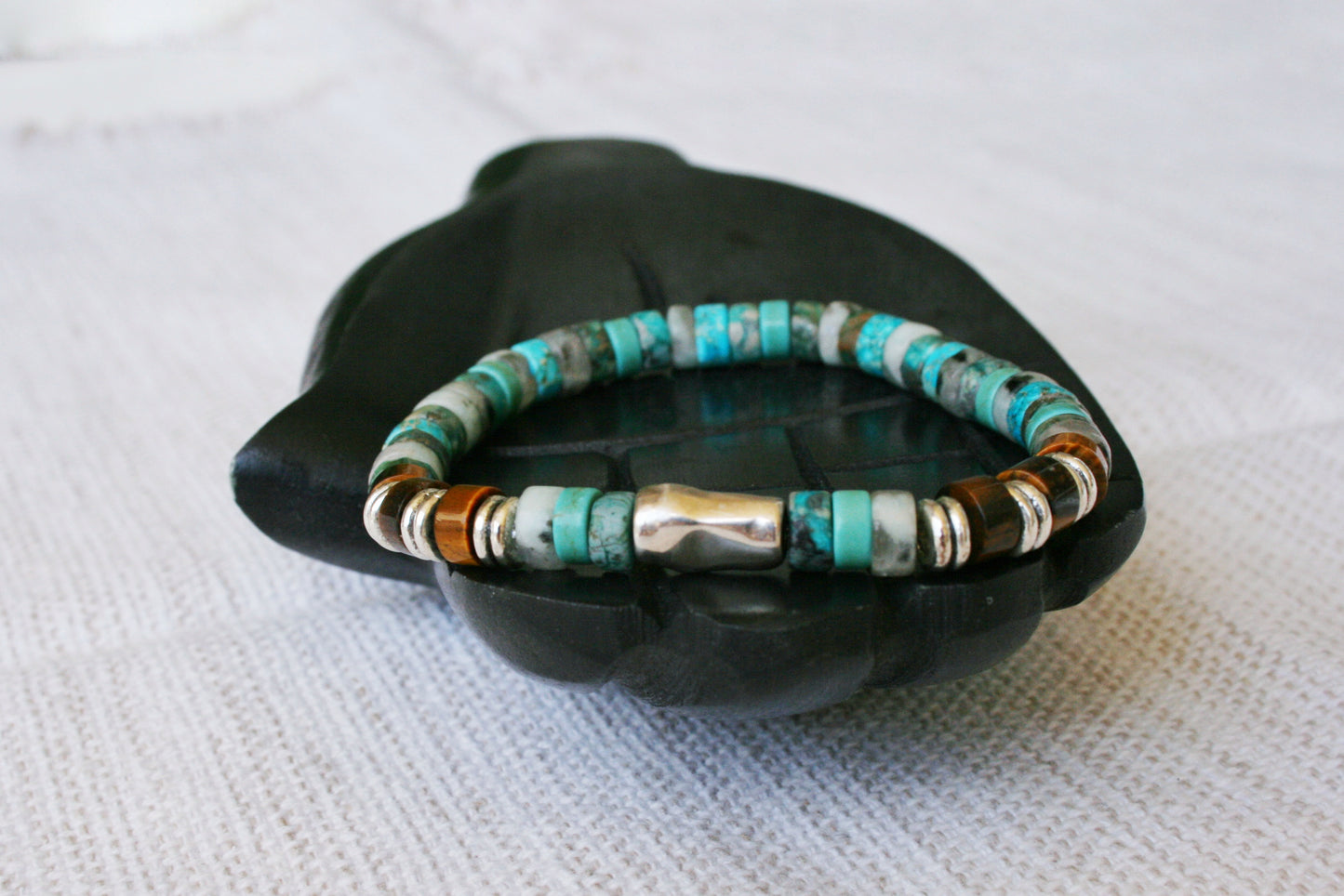 Mens Turquoise Beaded Bracelet with Tiger Eye Gemstones & Silver Tube Accent | Boho Stretch Bracelet for Men