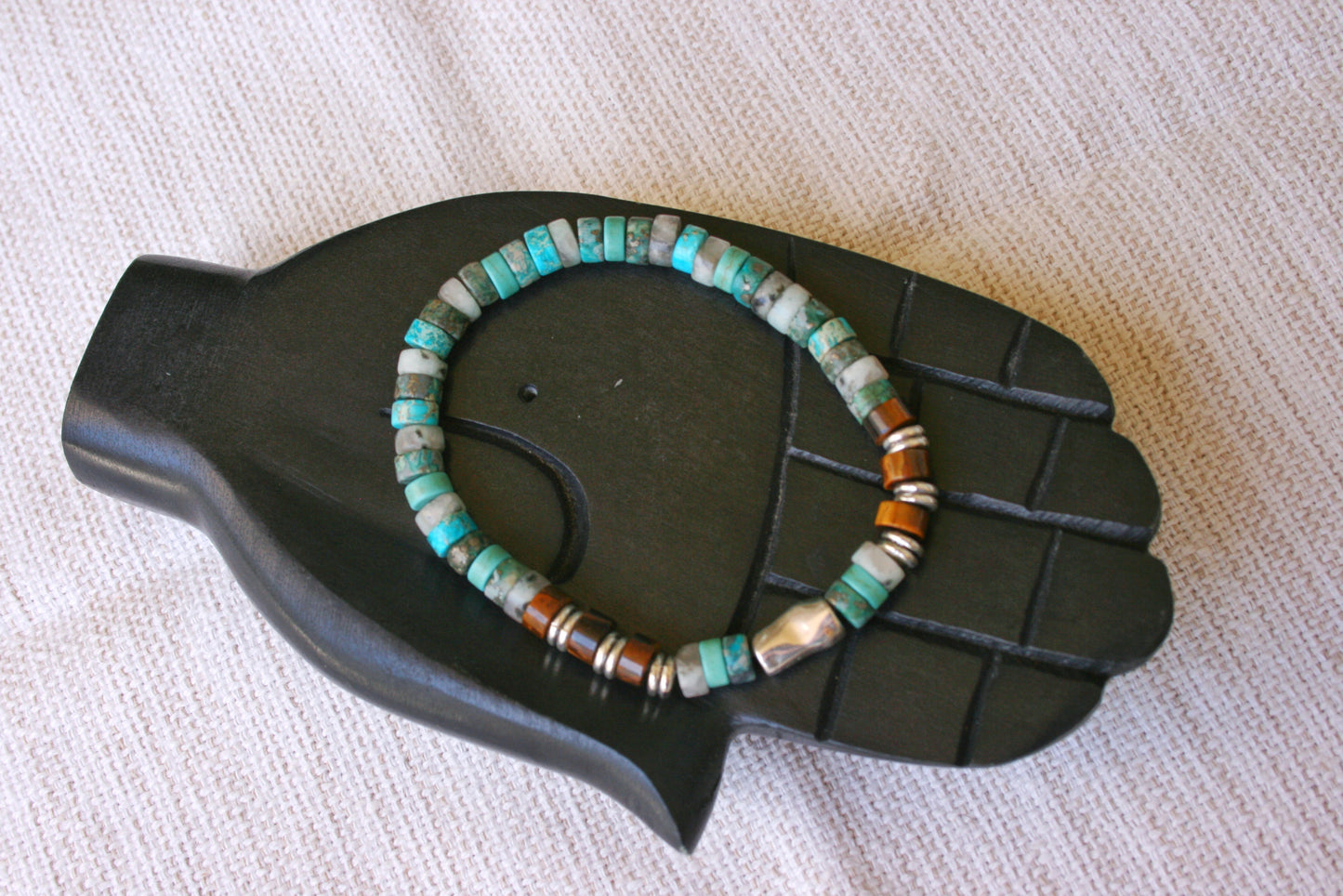 Mens Turquoise Beaded Bracelet with Tiger Eye Gemstones & Silver Tube Accent | Boho Stretch Bracelet for Men
