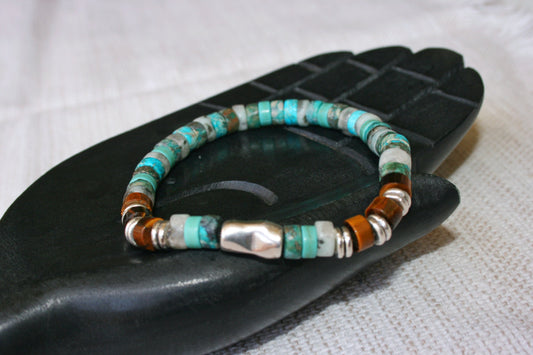 Mens Turquoise Beaded Bracelet with Tiger Eye Gemstones & Silver Tube Accent | Boho Stretch Bracelet for Men