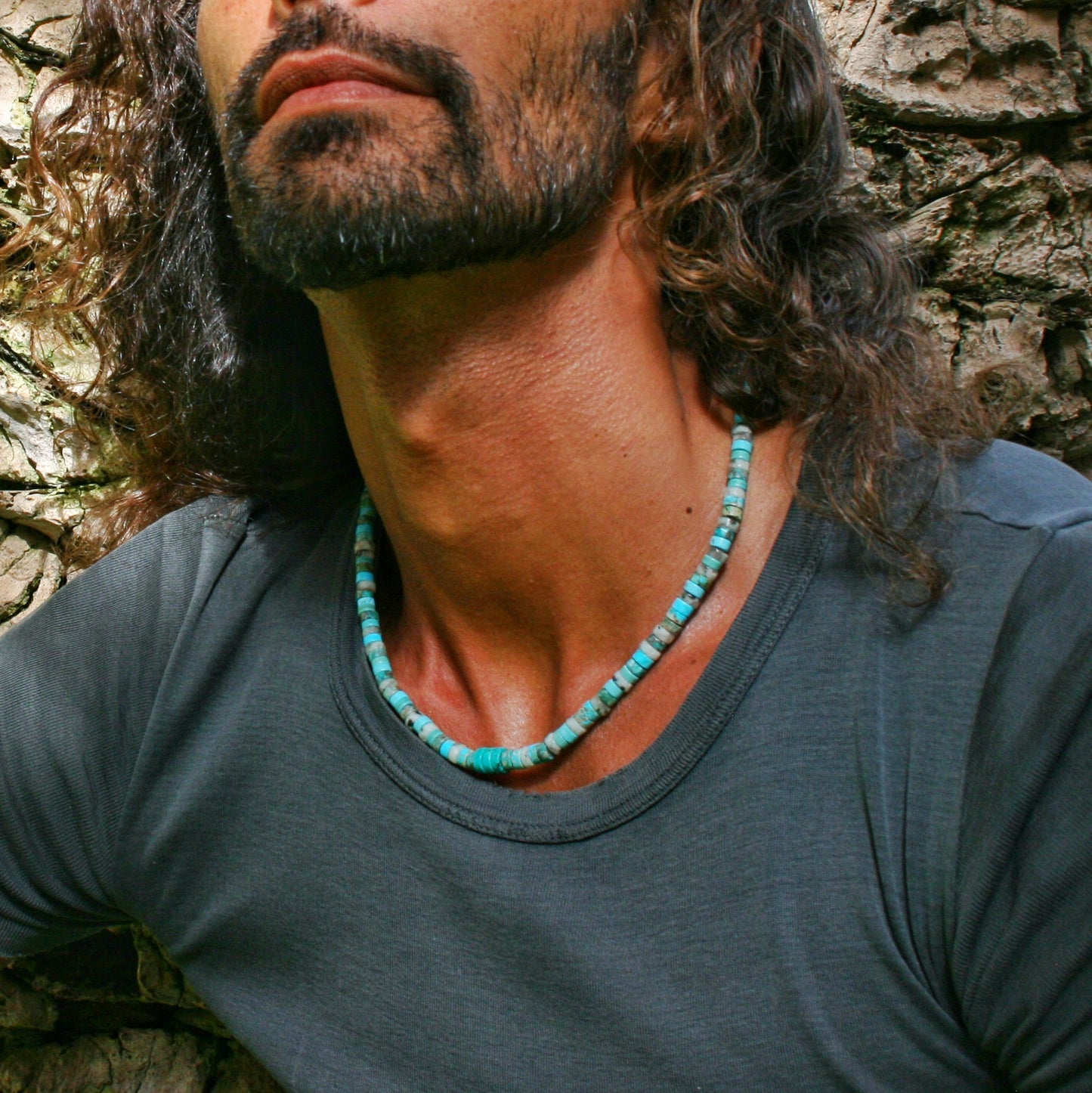 Turquoise Heishi Beaded Choker Necklace for Men – Handmade Natural Stone Boho Jewelry
