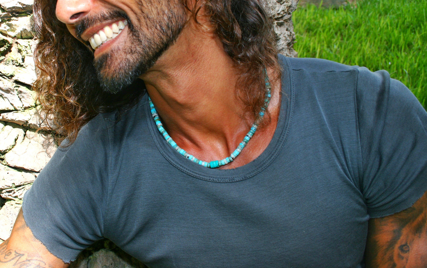 Turquoise Heishi Beaded Choker Necklace for Men – Handmade Natural Stone Boho Jewelry