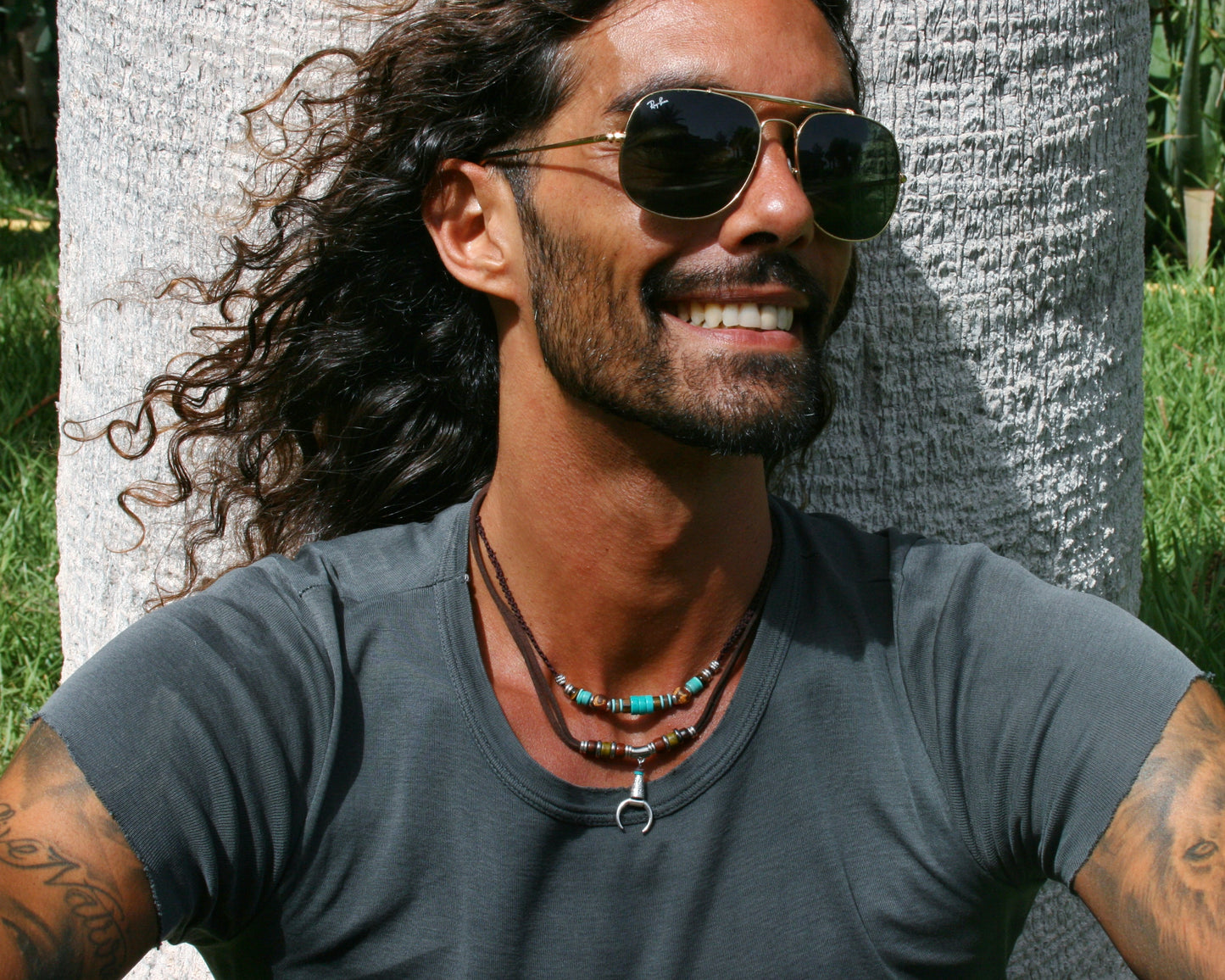 Mens Turquoise Layered Necklace Set, Macrame Choker, Beaded Gemstone Necklace, Moon Pendant, Handmade Boho Jewelry
