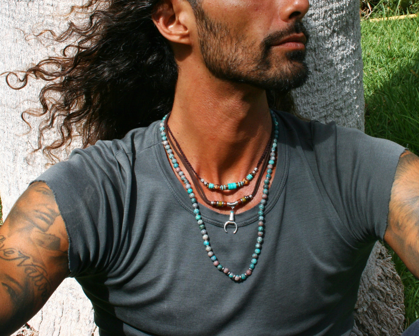 Mens Turquoise Layered Necklace Set, Macrame Choker, Beaded Gemstone Necklace, Moon Pendant, Handmade Boho Jewelry