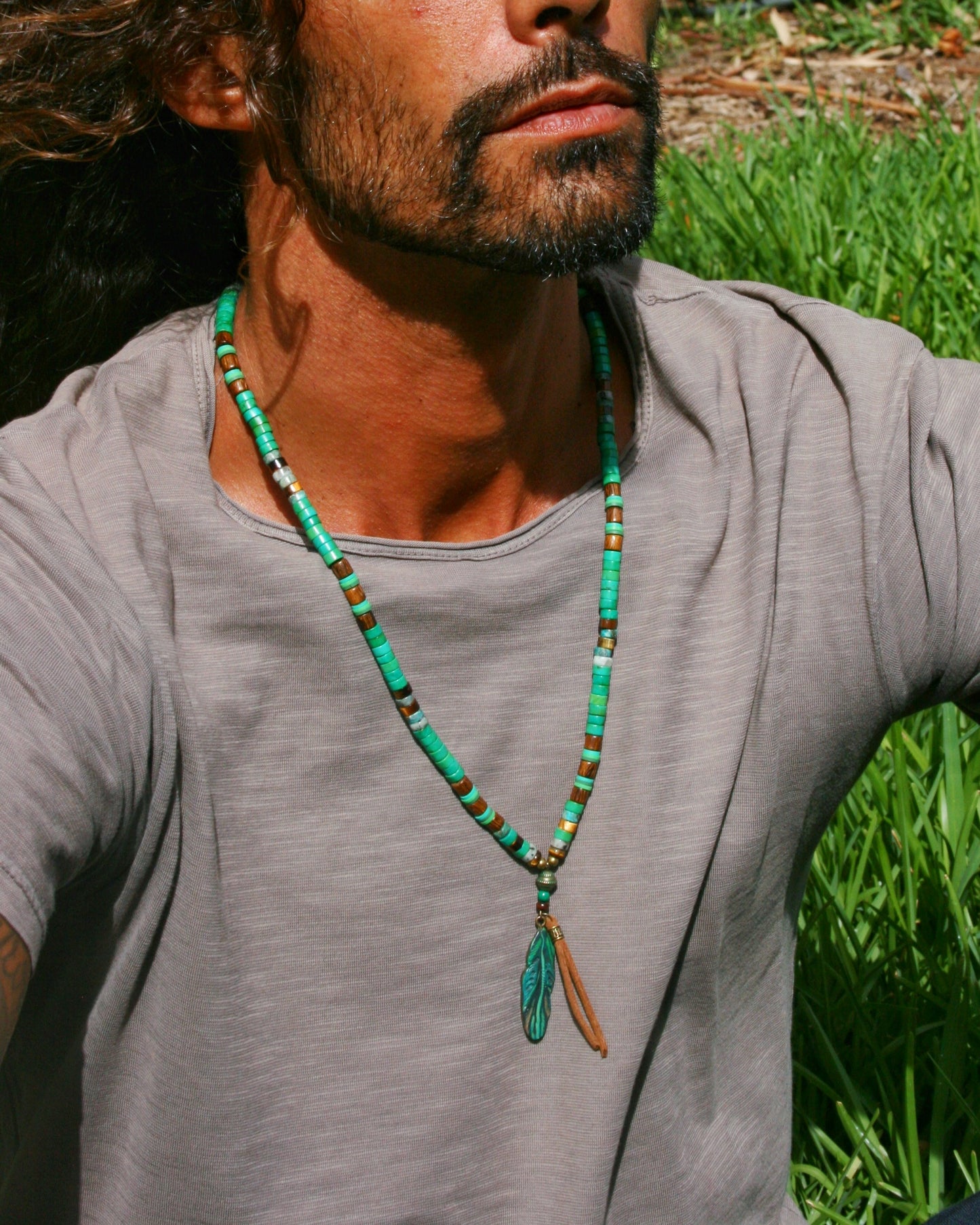 Men's Feather & Green Turquoise Necklace – Tribal Boho Pendant Jewelry