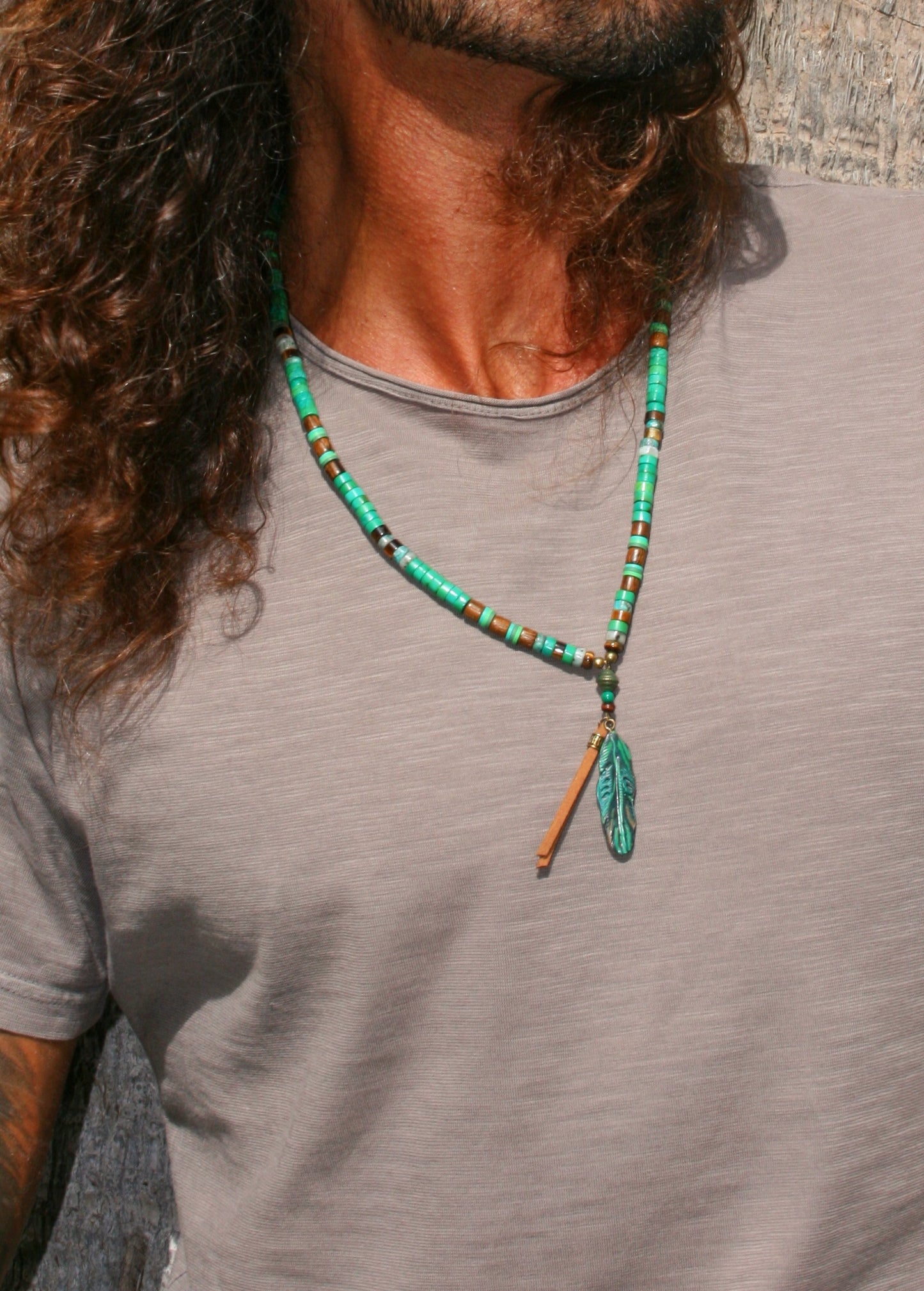 Men's Feather & Green Turquoise Necklace – Tribal Boho Pendant Jewelry