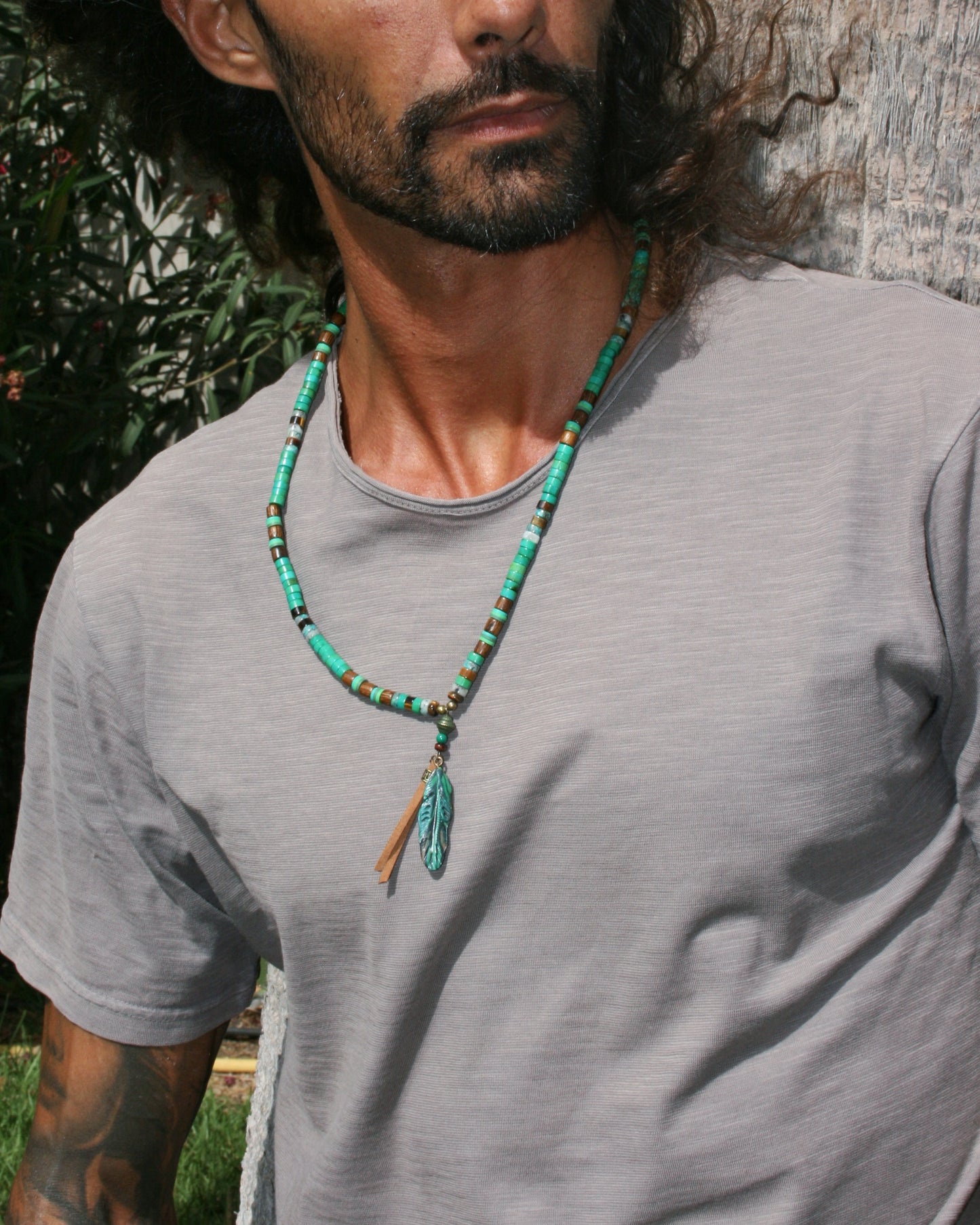 Men's Feather & Green Turquoise Necklace – Tribal Boho Pendant Jewelry