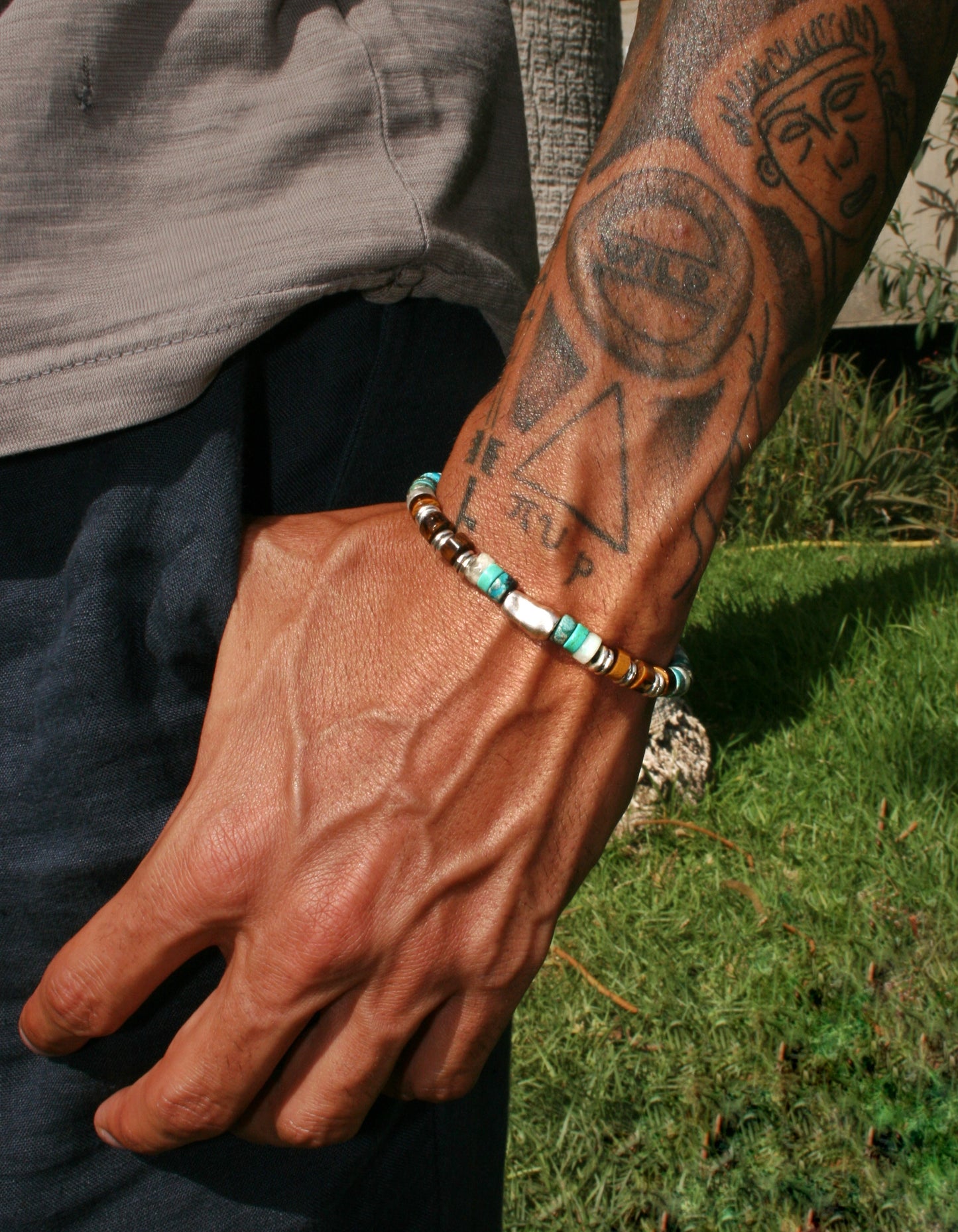 Mens Turquoise Beaded Bracelet with Tiger Eye Gemstones & Silver Tube Accent | Boho Stretch Bracelet for Men
