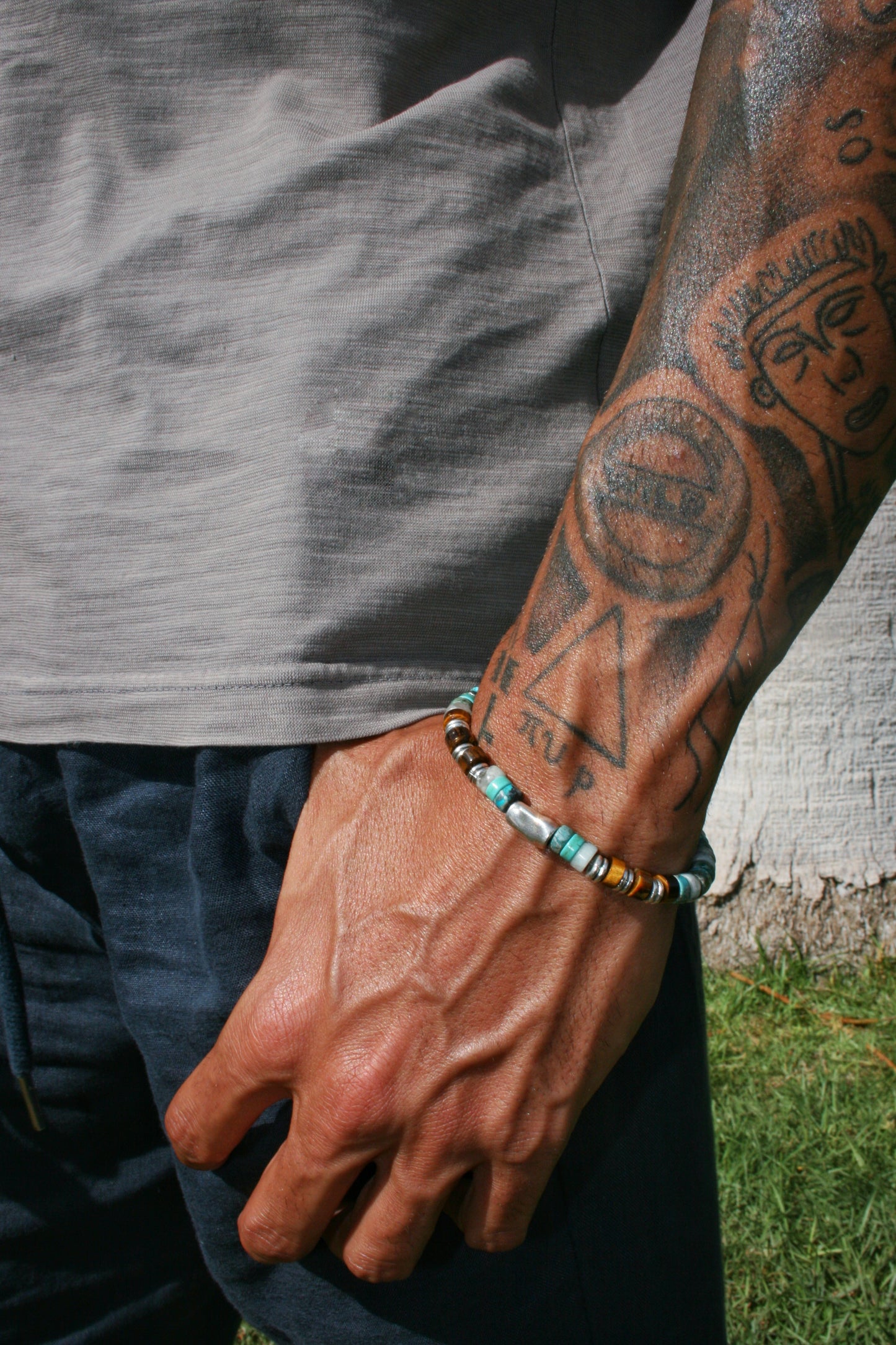 Mens Turquoise Beaded Bracelet with Tiger Eye Gemstones & Silver Tube Accent | Boho Stretch Bracelet for Men