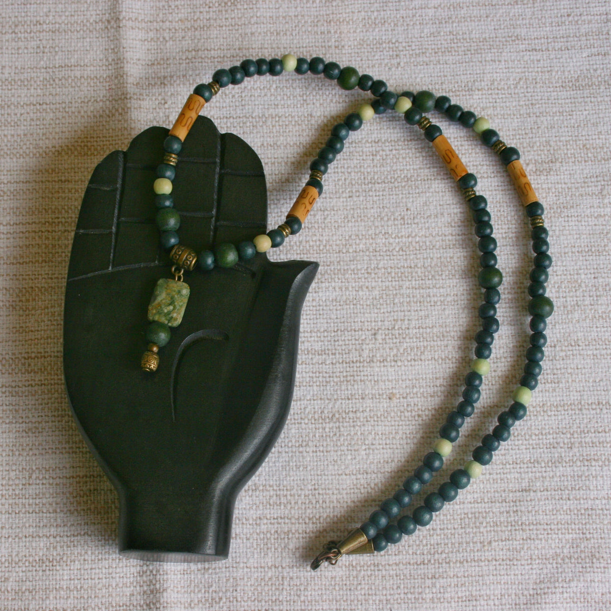 Green Jasper Beaded Necklace – Bamboo & Agate Pendant, Boho Unisex Jewelry
