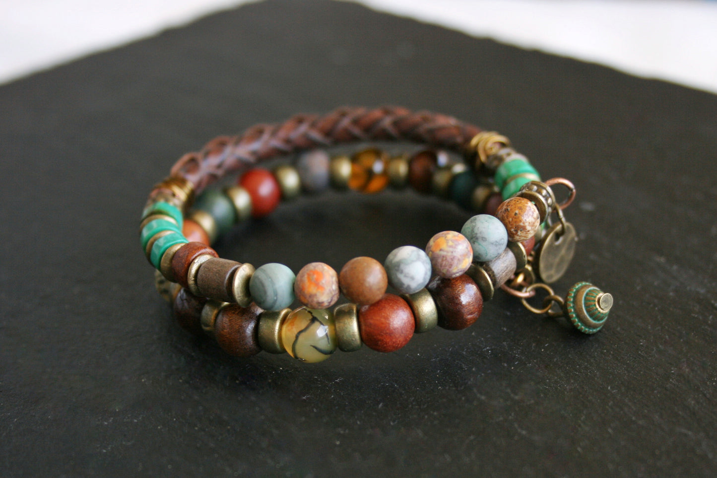 Mens Memory Wire Bracelet: Leather, Turquoise, Agate & Wood Beads Double Wrap Cuff Bracelet