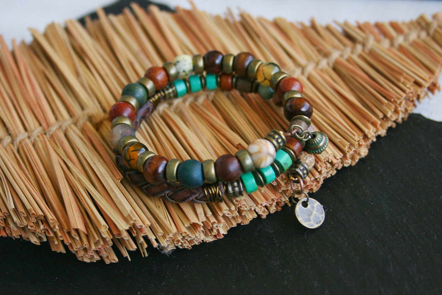 Mens Memory Wire Bracelet: Leather, Turquoise, Agate & Wood Beads Double Wrap Cuff Bracelet