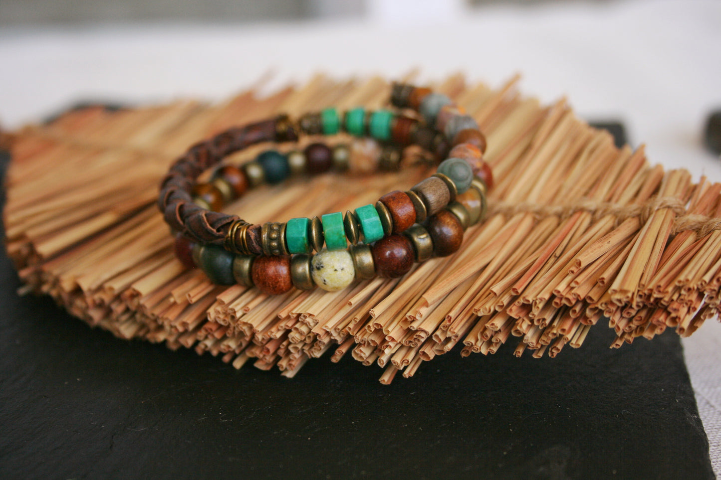 Mens Memory Wire Bracelet: Leather, Turquoise, Agate & Wood Beads Double Wrap Cuff Bracelet