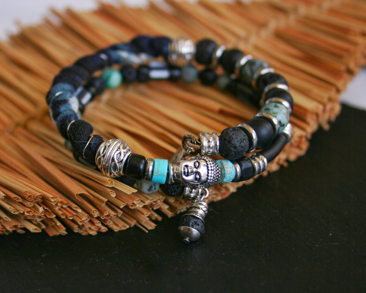 Men's Double Wrap Memory Wire Bracelet – Turquoise, Agate & Lava Stone Cuff
