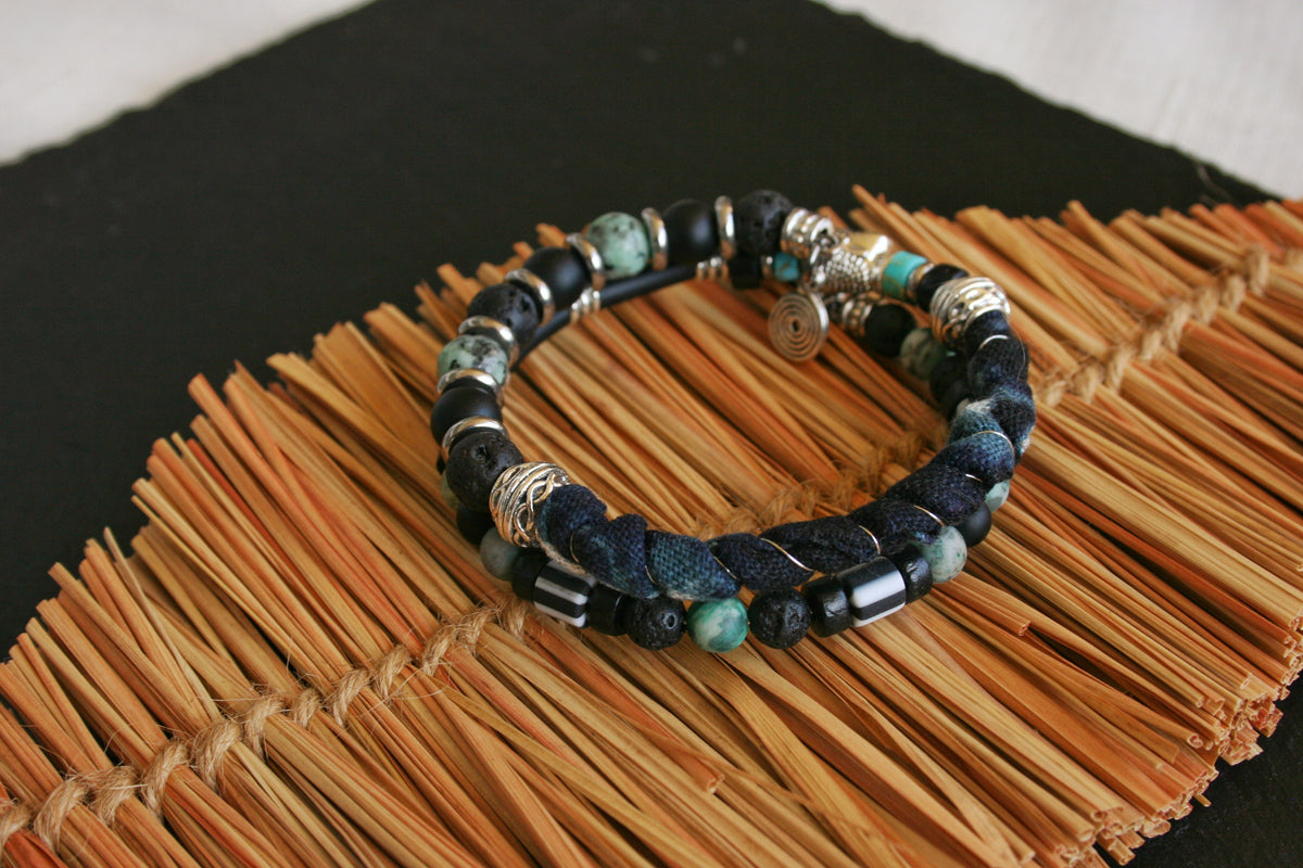 Men's Double Wrap Memory Wire Bracelet – Turquoise, Agate & Lava Stone Cuff