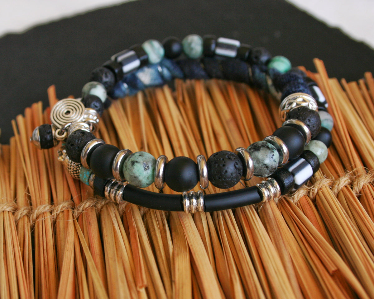 Men's Double Wrap Memory Wire Bracelet – Turquoise, Agate & Lava Stone Cuff