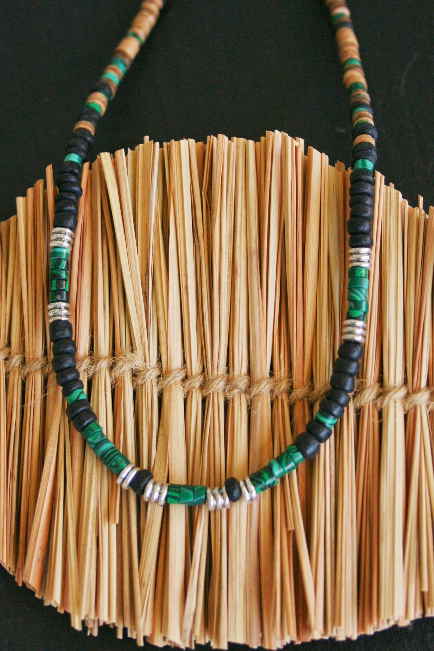 Malachite Heishi Choker Necklace with Coconut Beads – Handmade Boho Gemstone Jewelry