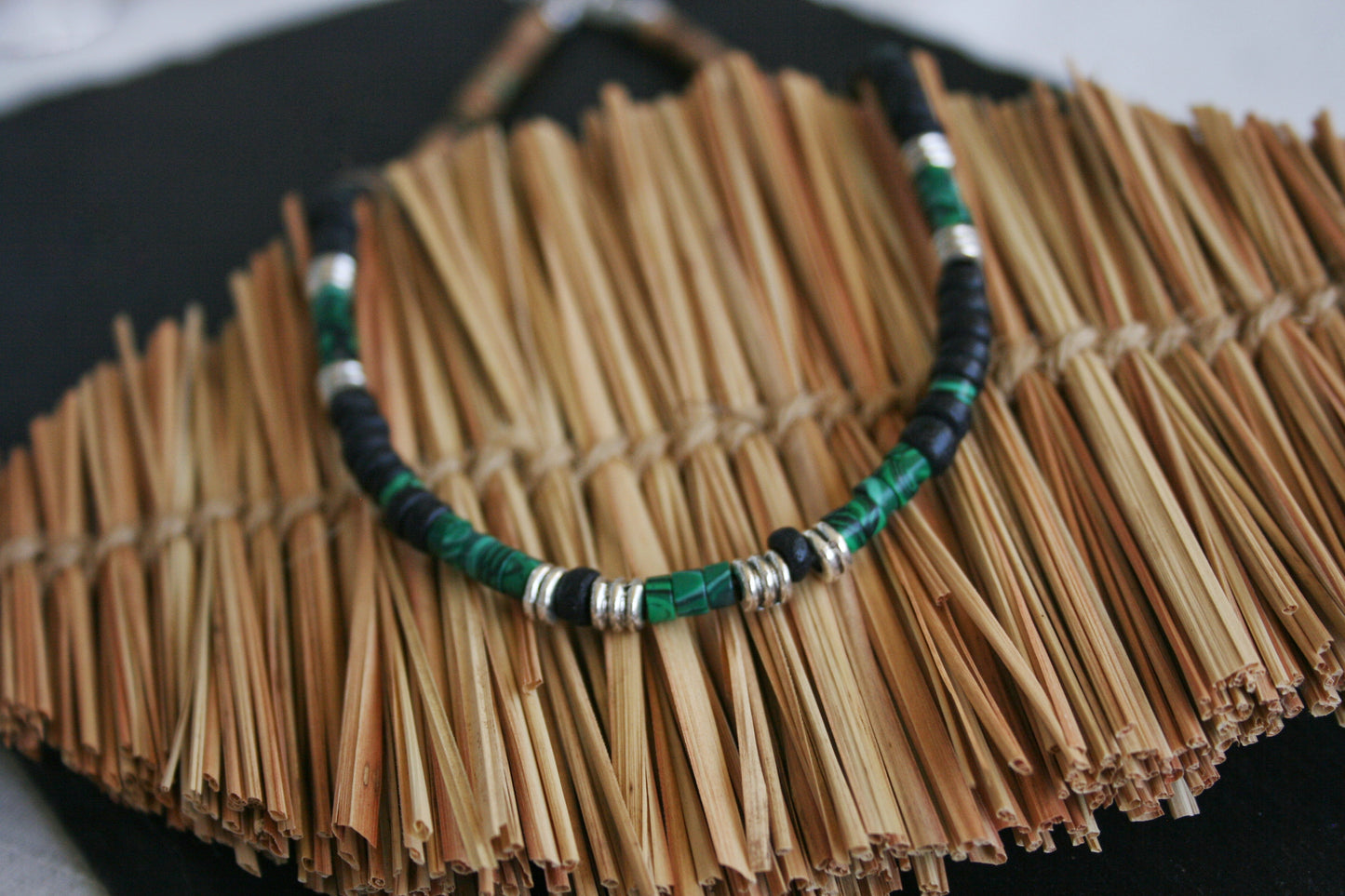 Malachite Heishi Choker Necklace with Coconut Beads – Handmade Boho Gemstone Jewelry