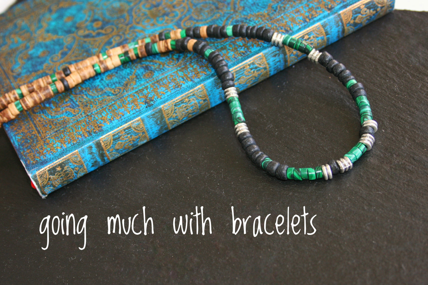 Malachite Heishi Choker Necklace with Coconut Beads – Handmade Boho Gemstone Jewelry
