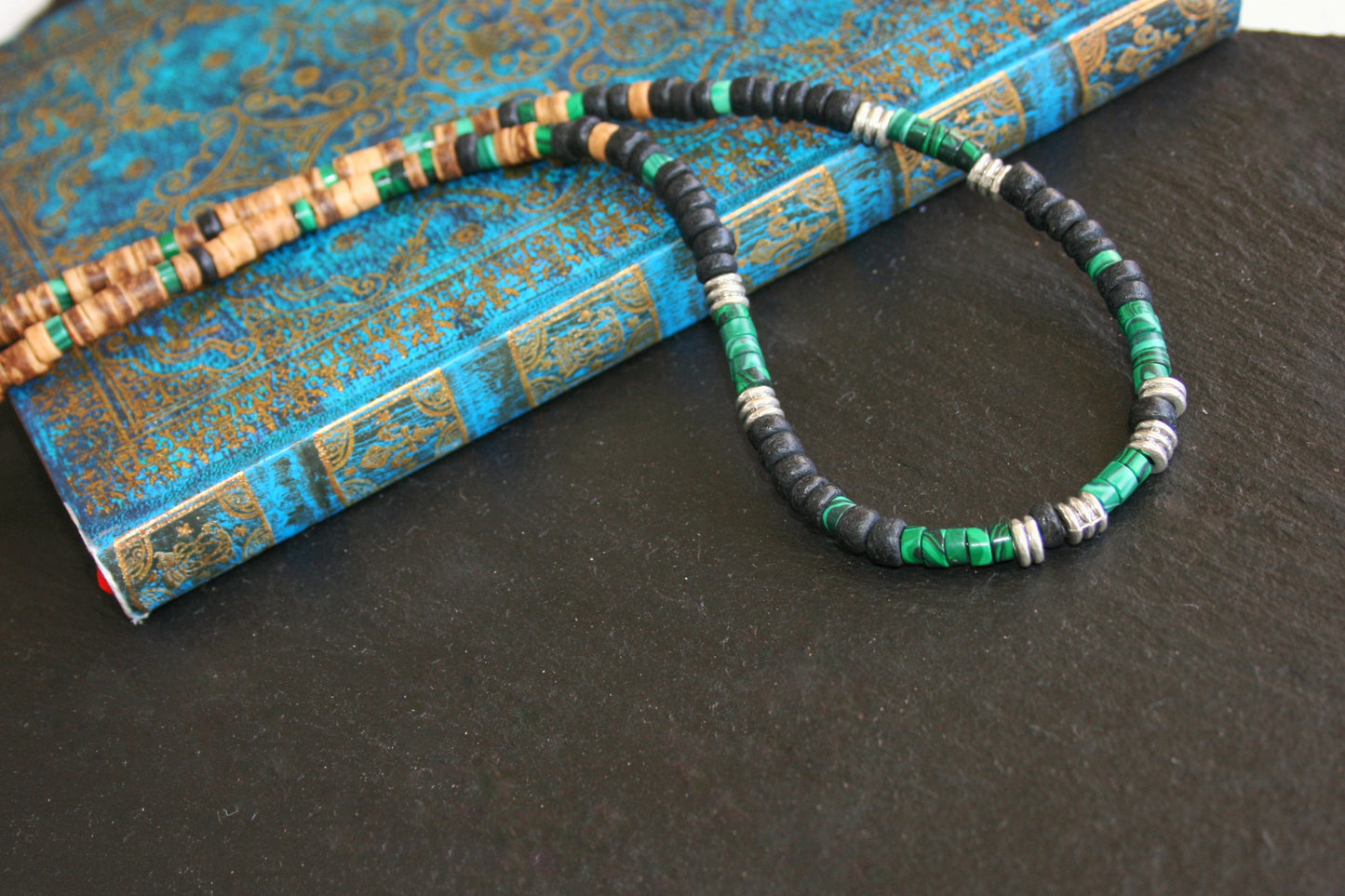 Malachite Heishi Choker Necklace with Coconut Beads – Handmade Boho Gemstone Jewelry