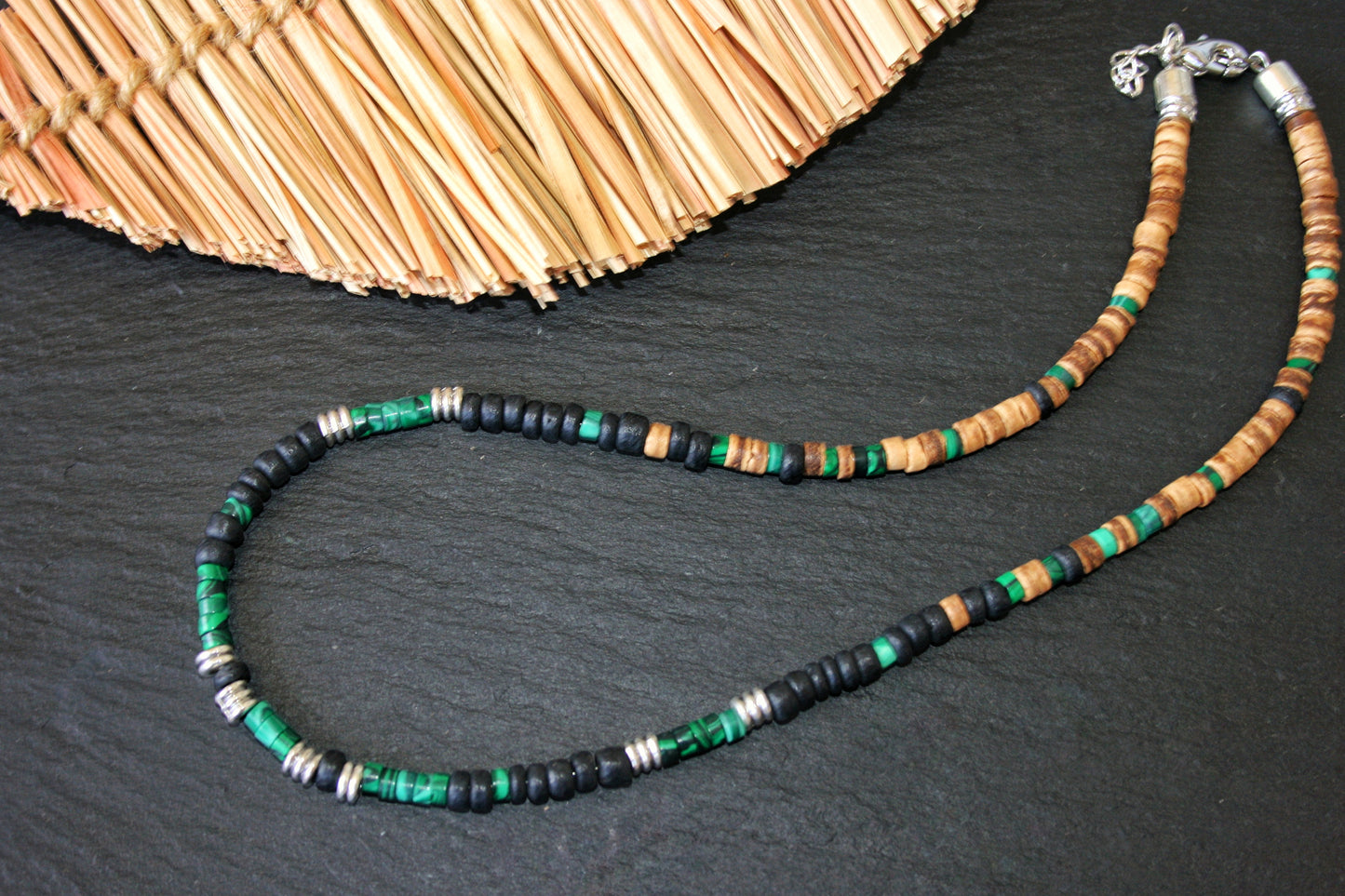 Malachite Heishi Choker Necklace with Coconut Beads – Handmade Boho Gemstone Jewelry