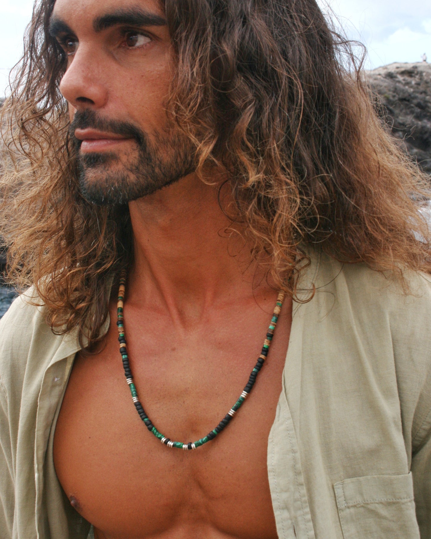 Malachite Heishi Choker Necklace with Coconut Beads – Handmade Boho Gemstone Jewelry
